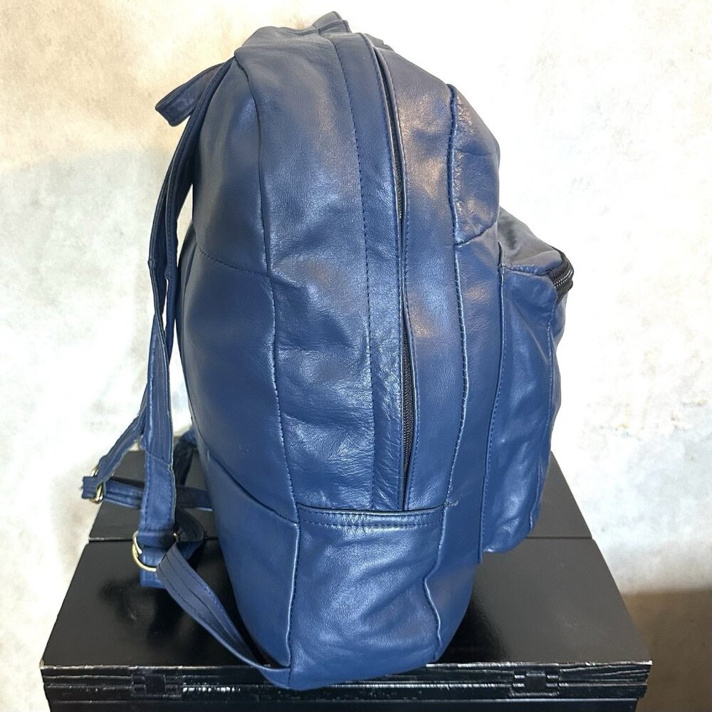 Genuine Leather Backpack Blue Front Pocket Zip Closure Lightweight - Picture 5 of 7
